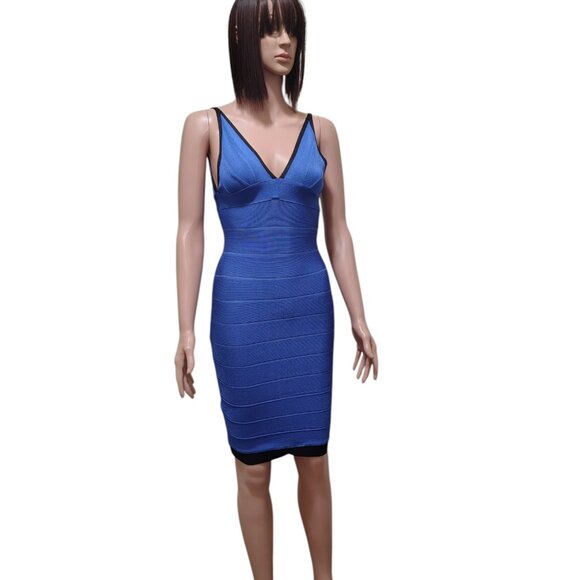 Rachael G. Stretch V-Neck Strappy Dress in Blue and Black - Picture 1 of 15